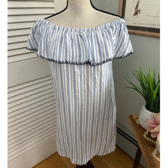 TOMMY BAHAMA Womens Dress Small Blue Ticking Stripe Off Shoulder Beach Summer - Picture 1 of 9